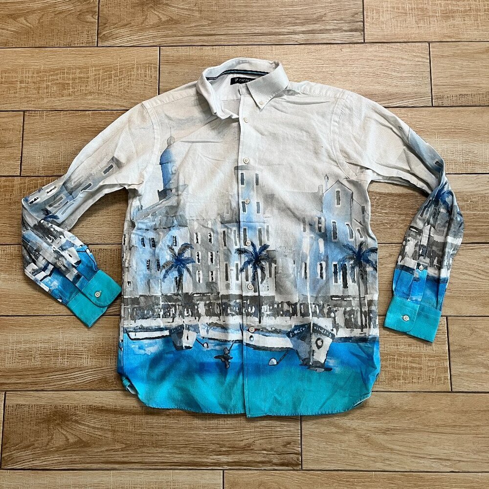 Mens Cremieux Blue/Cream Beach Skyline Button Up - M